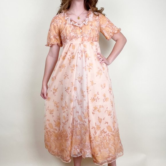 Vintage 50s 60s Nightgown Slip Dress Set Puff Sleeve Ruffle Tiered Floral MCM - Picture 5 of 10